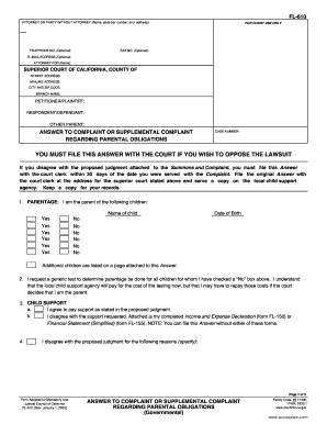 Answer to Complaint Regarding Parental Obligations