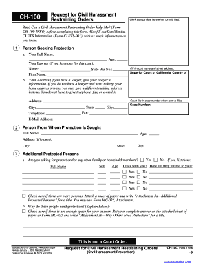 California Civil Harassment Restraining Order Form CH-100