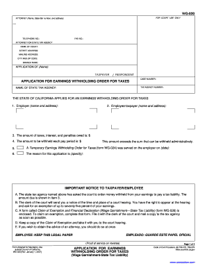 California Application for Earnings Withholding Order for Taxes