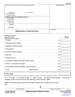 California Memorandum of Costs on Appeal