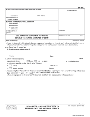 California Declaration in Support of Petition to Establish Fact Time and Place of Death