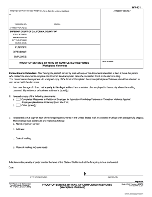Proof of Service by Mail of Completed Response Workplace Violence