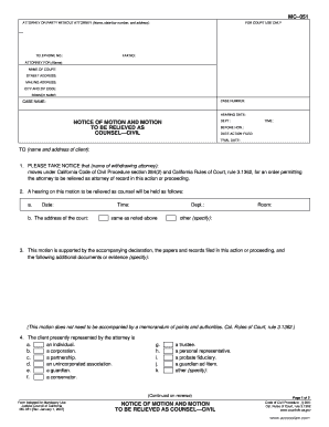 California Notice of Motion and Motion to be Relieved as Counsel