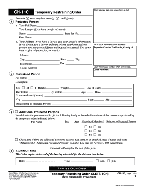 California Temporary Restraining Order Form CH-110