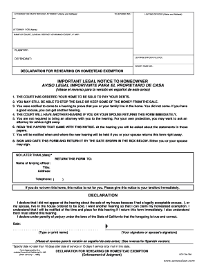 Declaration for Rehearing on Homestead Exemption