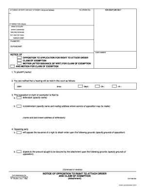 Notice of Opposition to Right to Attach Order