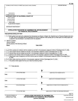 Stipulation for Entry of Judgment Re: Establishment of Parental Relationship