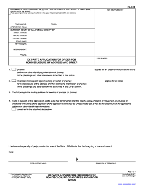 California Ex Parte Application for Nondisclosure of Address