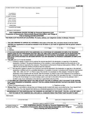 California Civil Subpoena Duces Tecum