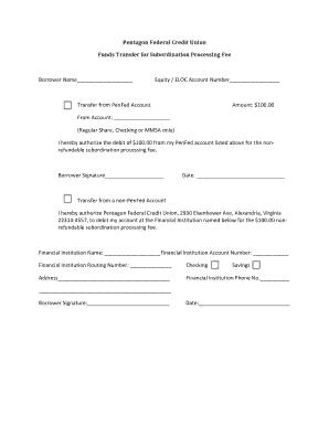 Pentagon Federal Credit Union Subordination Processing Fee Form