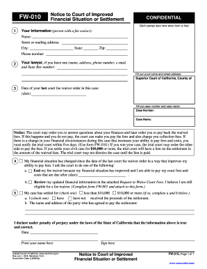 Notice to Court of Improved Financial Situation or Settlement