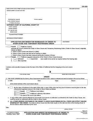 Application and Order for Reissuance of Order to Show Cause and Temporary Restraining Order