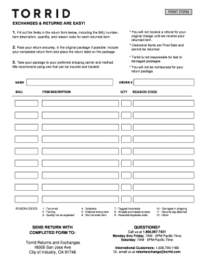 Torrid Return Form
