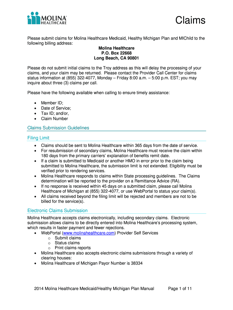 Fillable Online Please submit claims for Molina Healthcare Medicaid