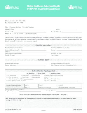 Molina Healthcare Behavioral Health Treatment Request Form