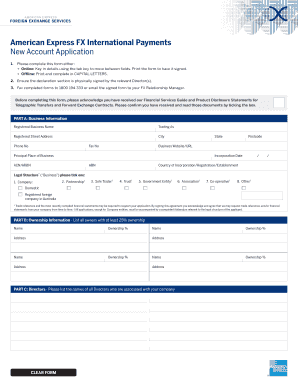 American Express FX International Payments New Account Application