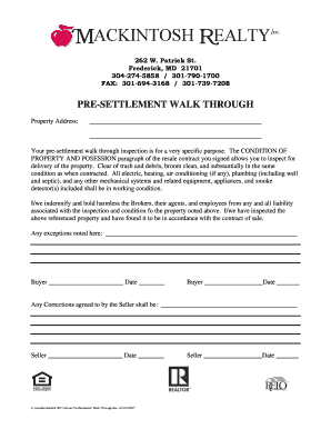 Pre-Settlement Walk Through Inspection Form