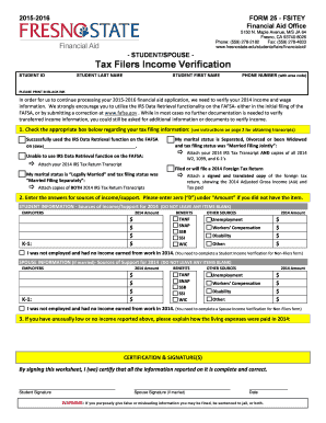 2015-2016 Student Spouse Tax Filers Income Verification Form