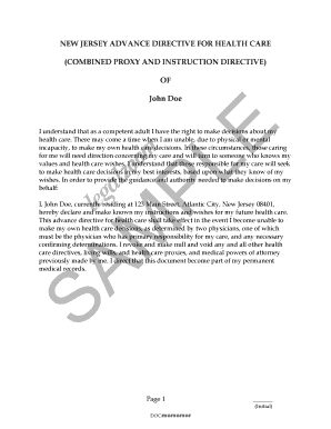New Jersey Advance Directive for Health Care