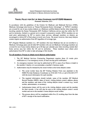 Kaiser Permanente Travel Dialysis Authorization Form