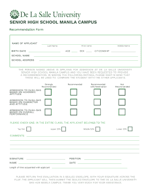 De La Salle University Senior High School Recommendation Form