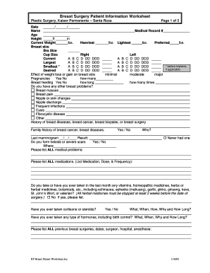 Breast Surgery Patient Information Worksheet