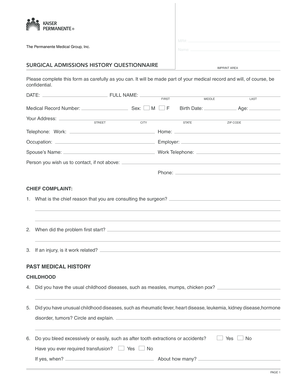 Surgical Admissions History Questionnaire
