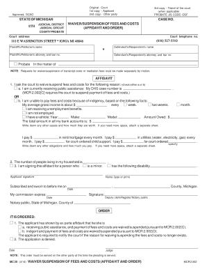 Michigan Waiver/Suspension of Fees and Costs