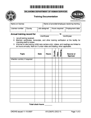 Oklahoma DHS Training Documentation Form