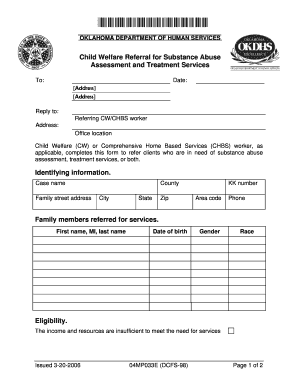 Oklahoma Child Welfare Substance Abuse Referral Form