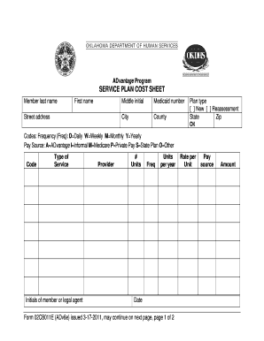 ADvantage Program Service Plan Cost Sheet