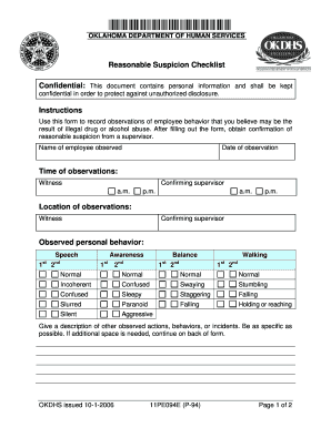 Oklahoma Reasonable Suspicion Checklist