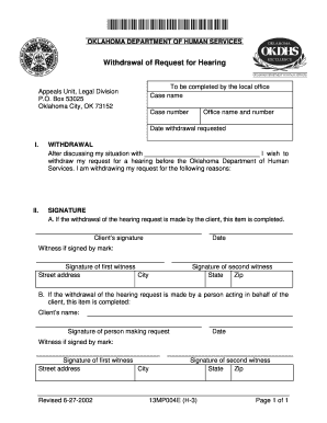 Oklahoma Hearing Withdrawal Form
