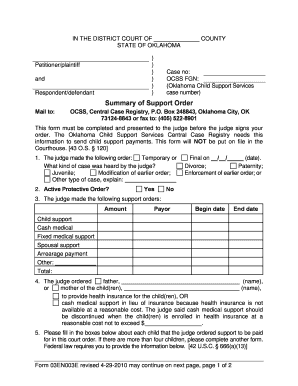 Oklahoma Child Support Order Summary