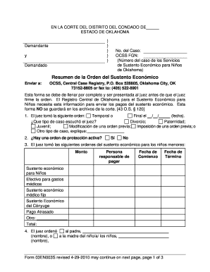 Formulario de Resumen de la Orden del Sustento Económico