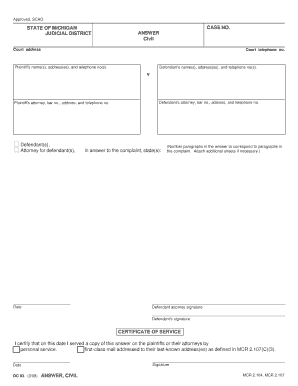 Michigan Civil Answer Form