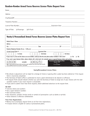 Armed Forces Reserves License Plates Request Form