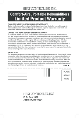 Comfort-Aire Dehumidifier Limited Warranty
