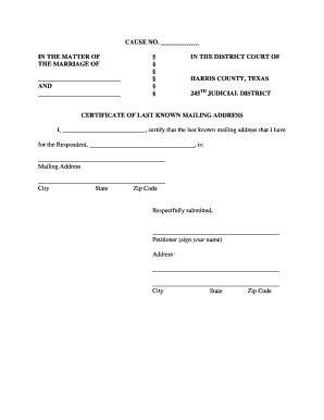 Certificate of Last Known Mailing Address