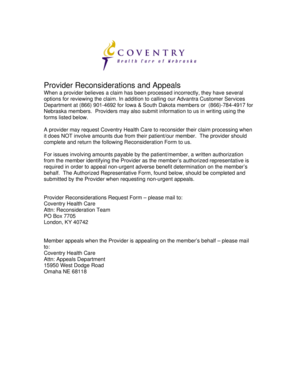 Coventry Health Care Provider Reconsideration Form