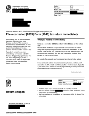 IRS Notice CP72 for Frivolous Tax Return