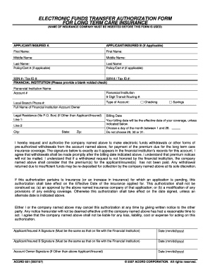 Electronic Funds Transfer Authorization Form for Long Term Care Insurance