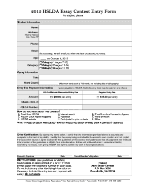2015 HSLDA Essay Contest Entry Form