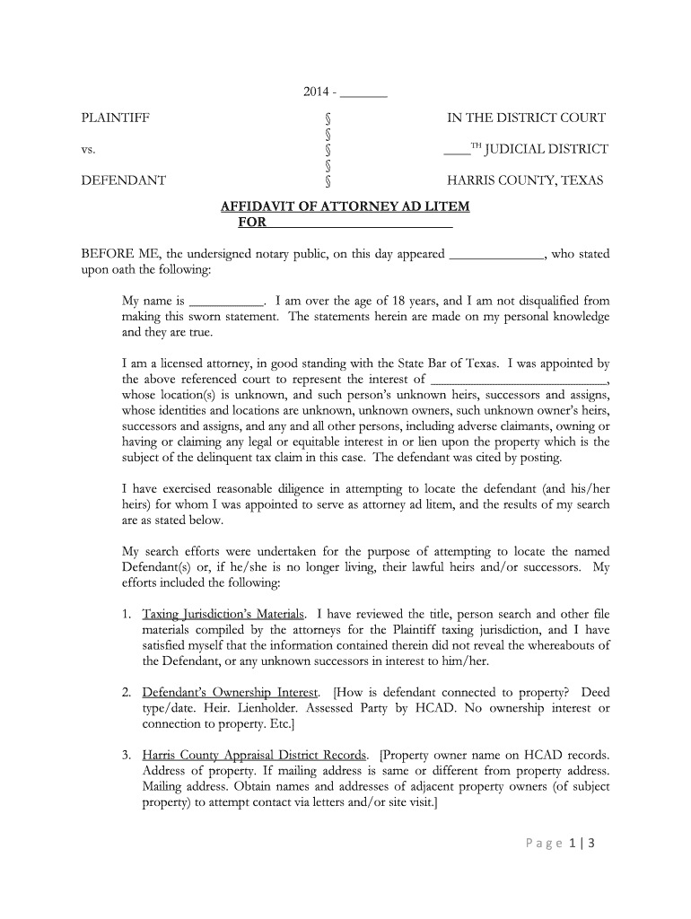 Fillable Online justex wip hctx AFFIDAVIT OF ATTORNEY AD LITEM FOR