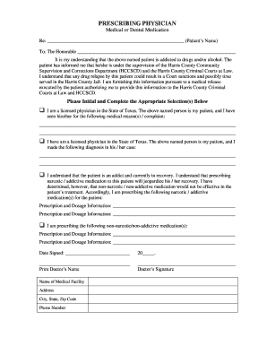 Texas Physician Prescription Form for Addicted Patients