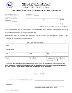 Texas Application to Withdraw Funds from Court Registry