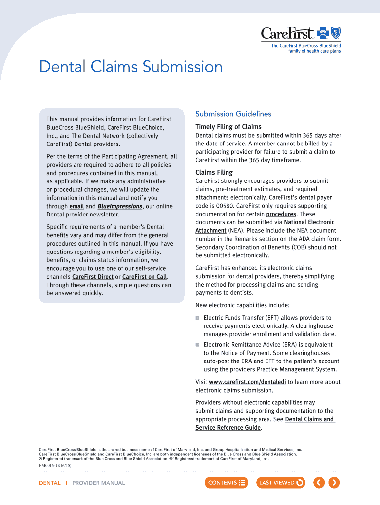 Fillable Online Dental Provider Manual Dental Claims Submission