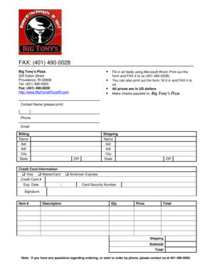 Big Tony's Pizza Order Form