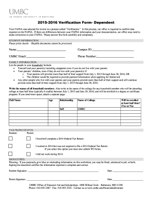 2015-2016 Verification Form - Dependent