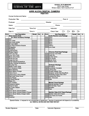 ARRI Alexa Digital Camera Rental Form